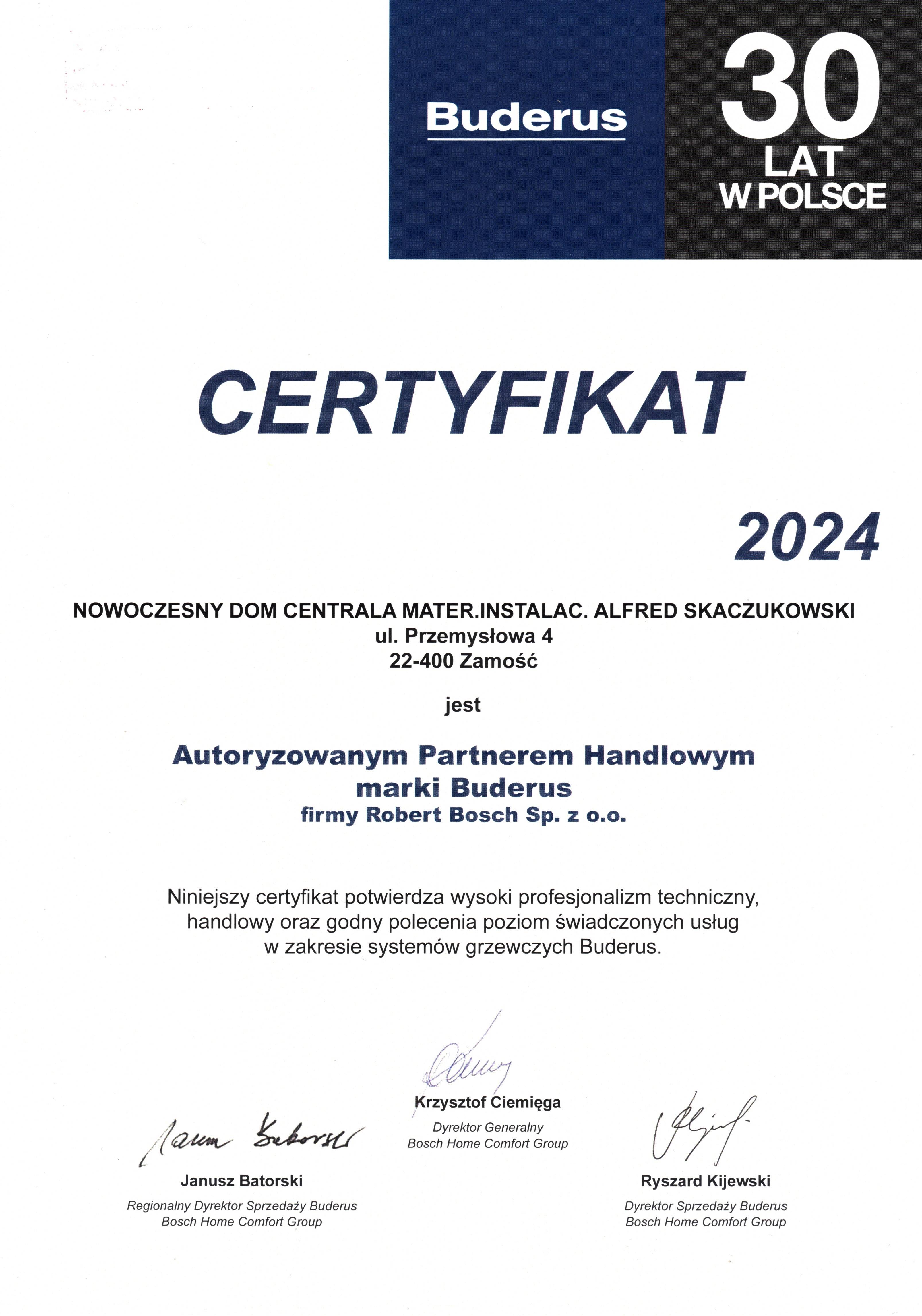 Certyfikat BUDERUS Zamość